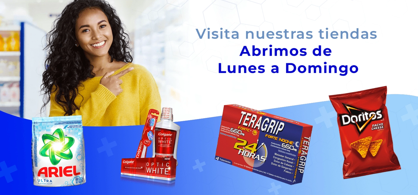 banner con chica señalando el texto 'Visitas nuestra tiendas, abrimos los domingos', y debajo de ella 4 productos, ariel, colgate, doritos y teragrip