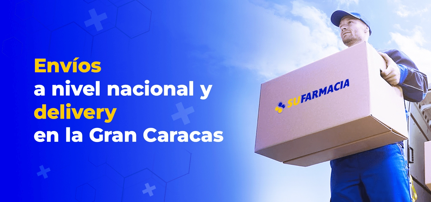 Banner de chico entregando un paquete de sufarmacia, con el texto 'Envios a nivel nacional y delivery en la gran caracas'