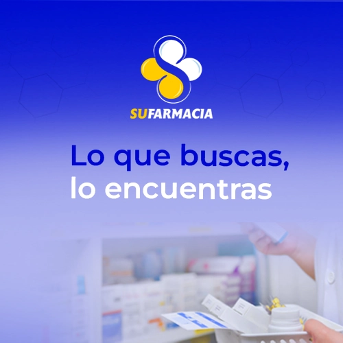 Banner con el fondo azul con el slogan de su farmacia: Lo que buscas, lo encuentras