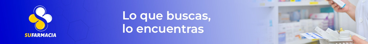 Banner con el fondo azul con el slogan de su farmacia: Lo que buscas, lo encuentras